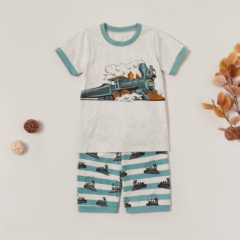 Fashionable Cartoon Train Print Top and Striped Shorts Set
